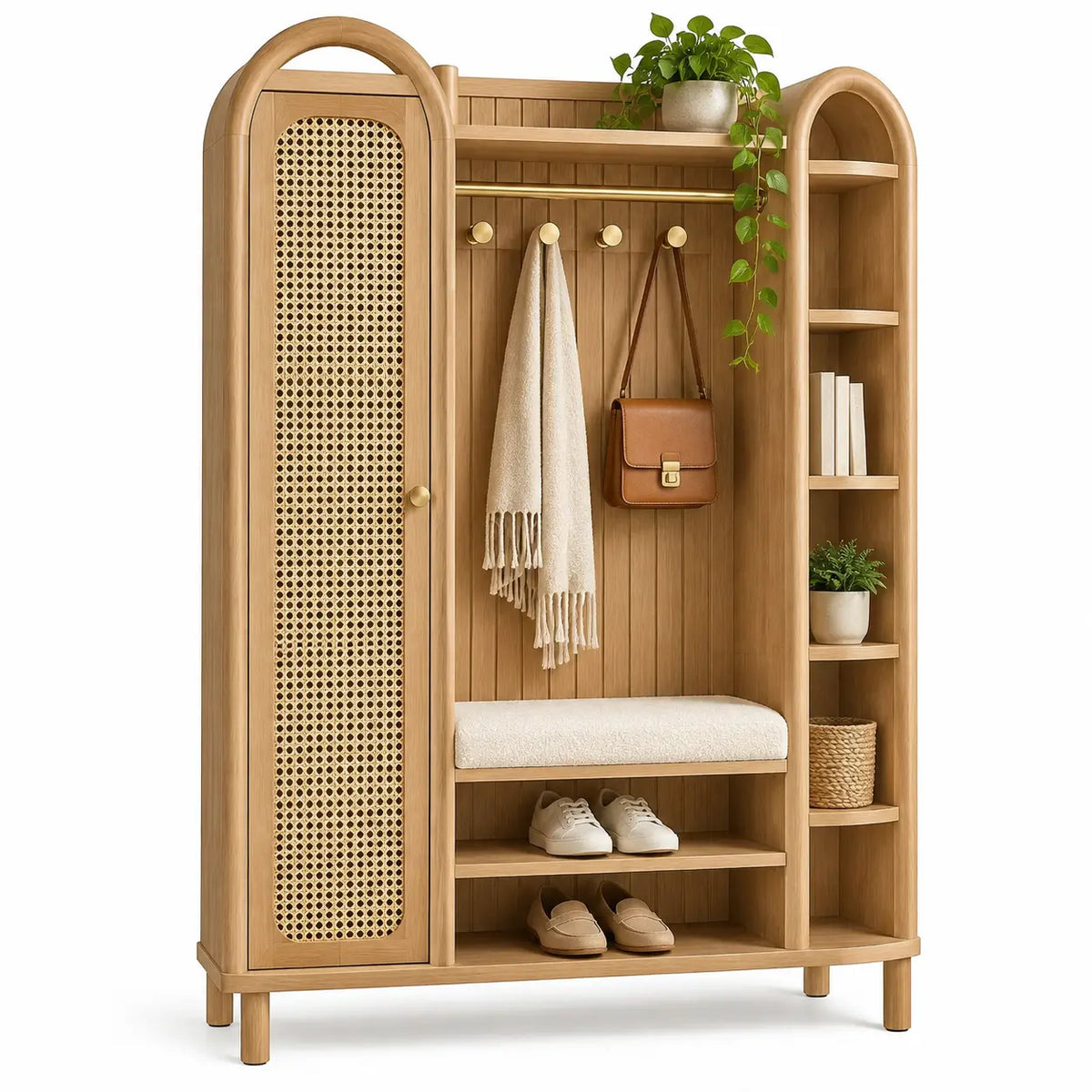 Mueble de recibidor con detalles de entramado y estantes, marrón