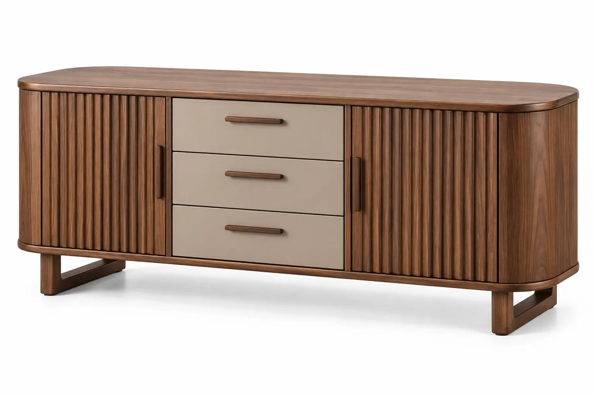 Mueble bajo para televisión con detalles de líneas verticales y cajones, marrón y beige