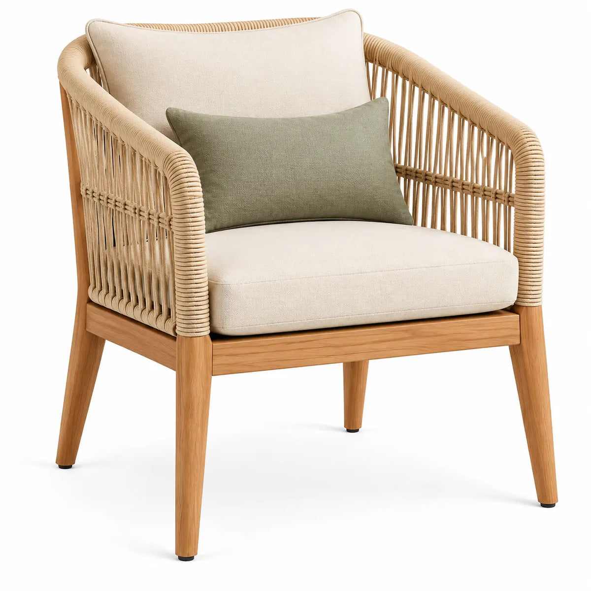 Sillón con estructura abierta con detalles de líneas verticales, beige y marrón