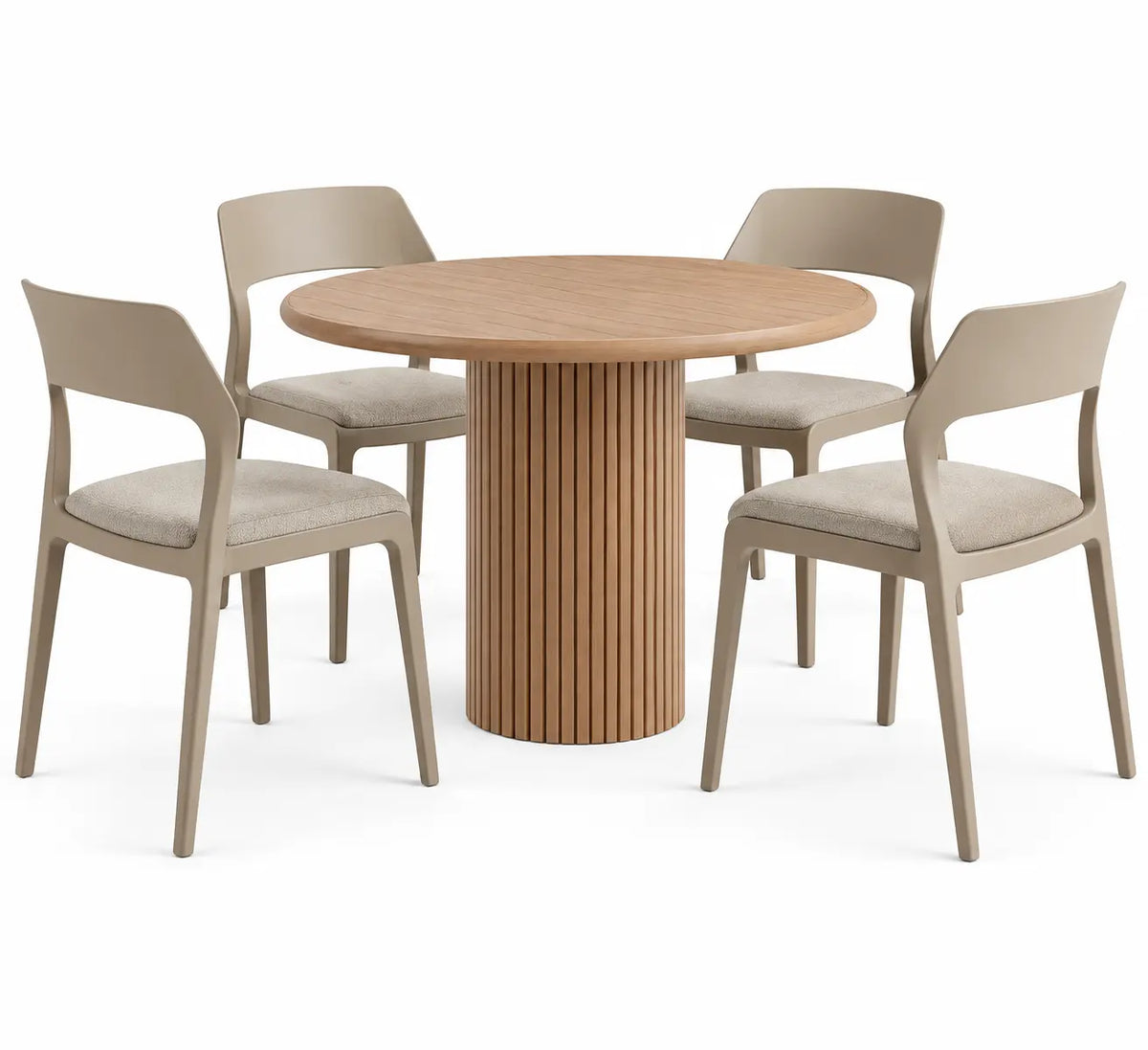Conjunto de mesa y cuatro sillas de contorno redondeado, beige y marrón