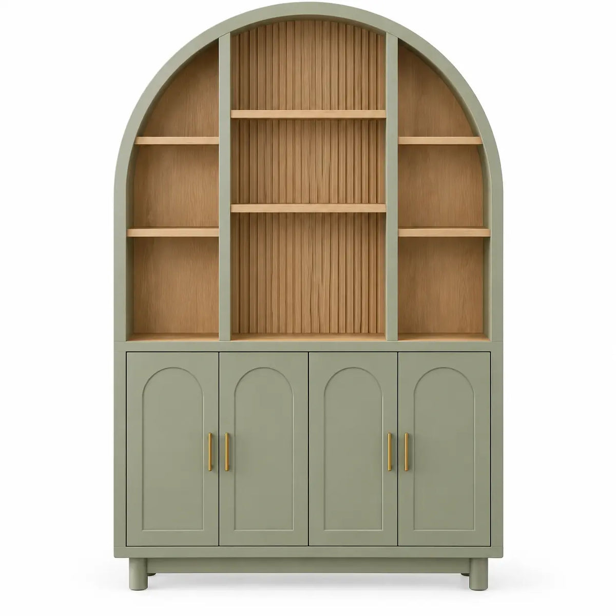 Armario de almacenamiento con formas arqueadas y puertas acristaladas, verde y marrón