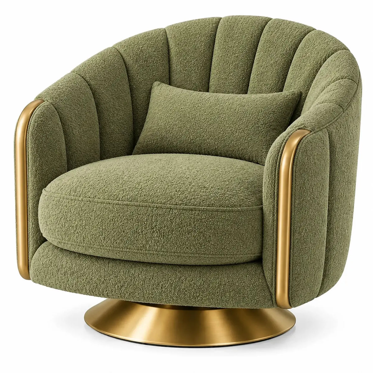 Sillón tapizado de líneas curvas con acolchado acanalado, verde y dorado