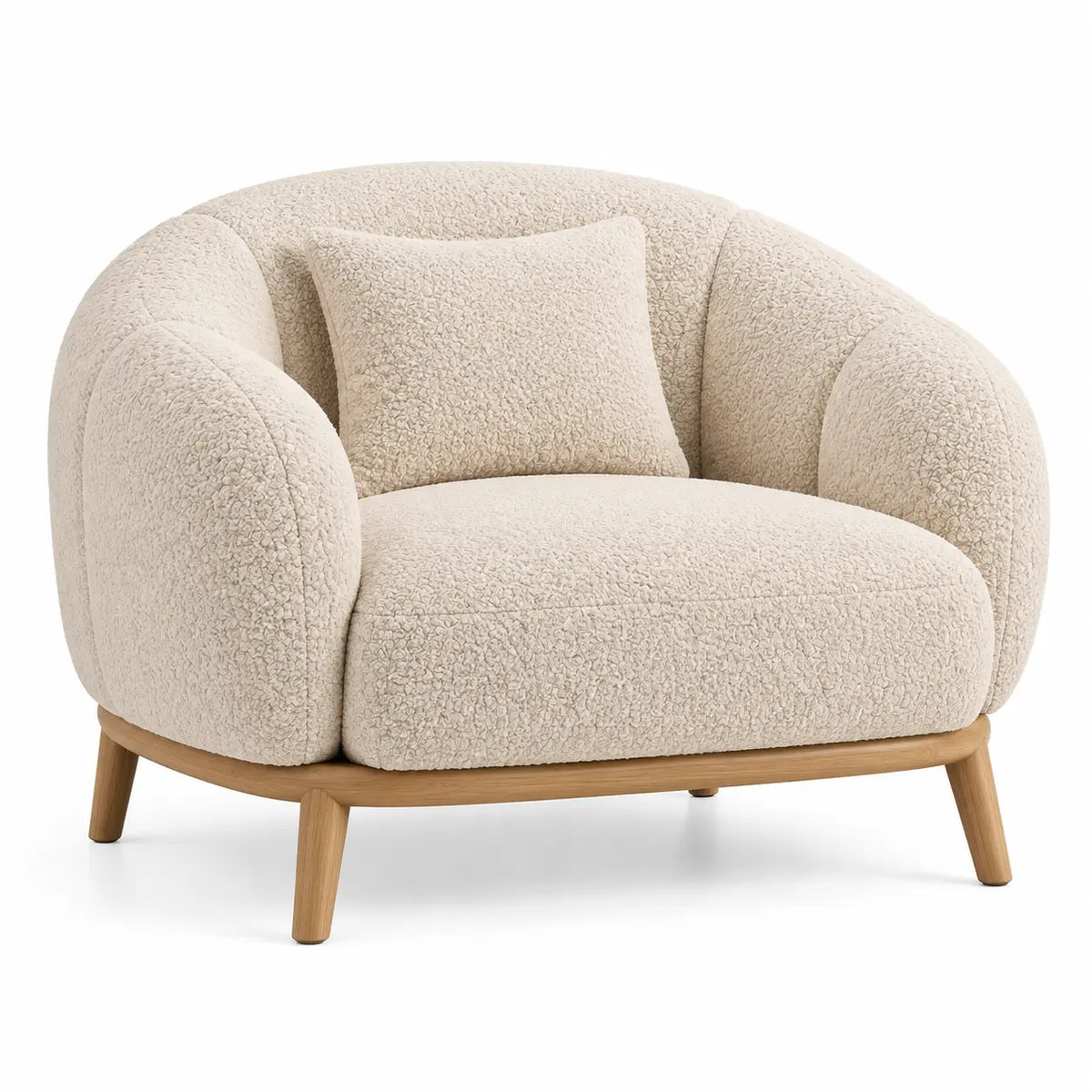 Sillón tapizado de contorno redondeado, beige y marrón