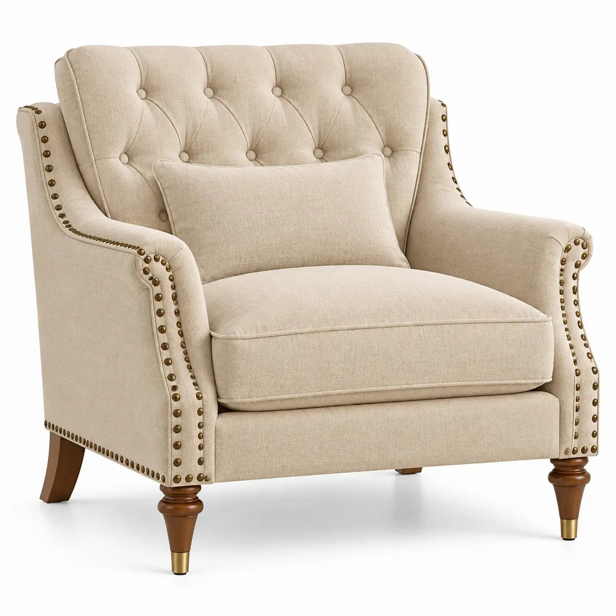 Sillón tapizado con botones decorativos, beige y marrón