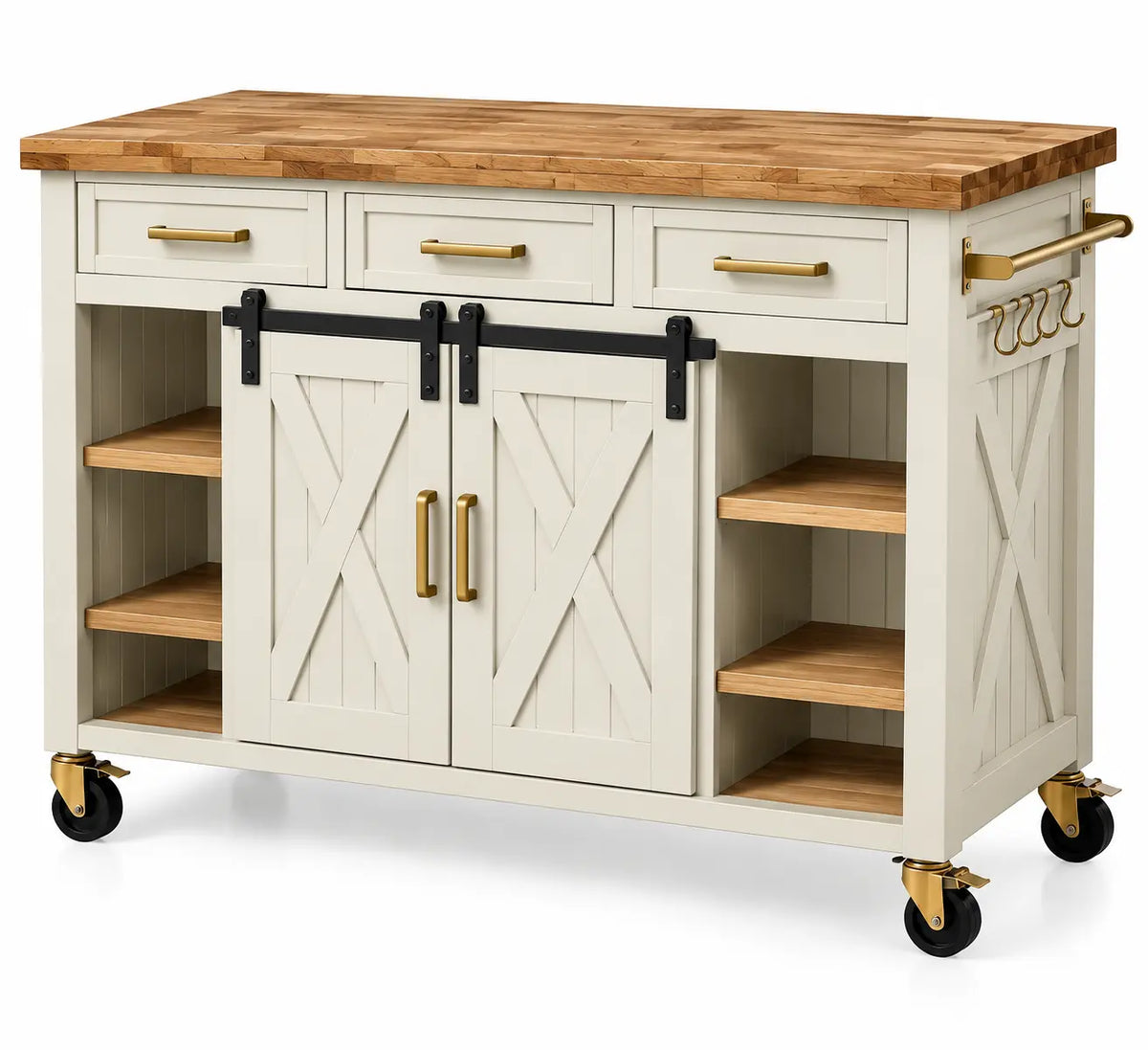 Mueble auxiliar de cocina con ruedas con detalles cruzados, blanco y marrón